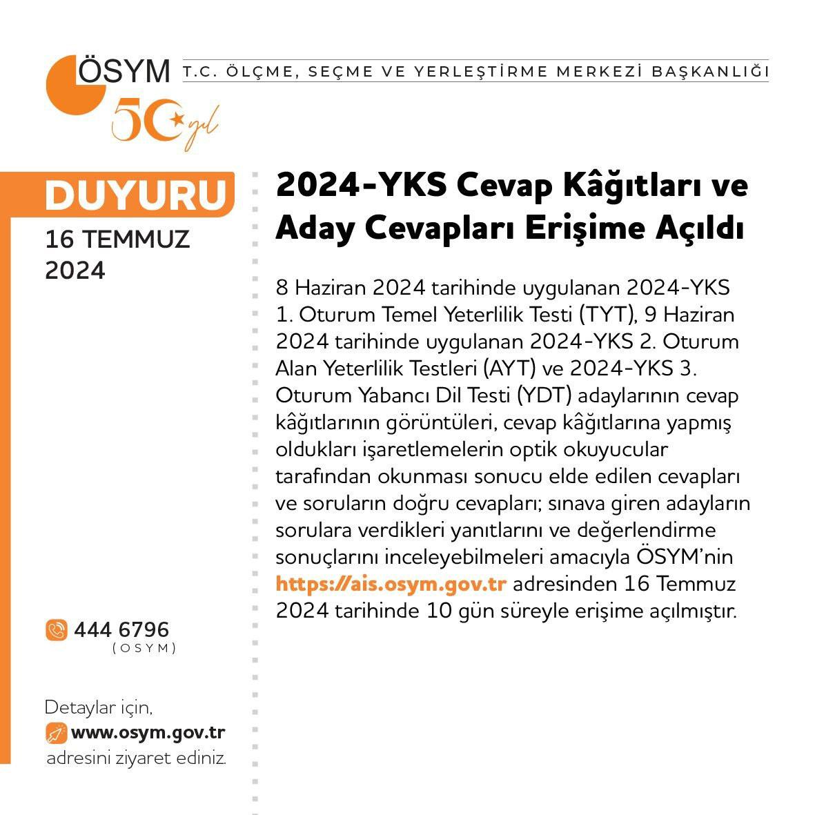 2024 YKS cevap kağıtları ve aday cevapları erişime açıldı