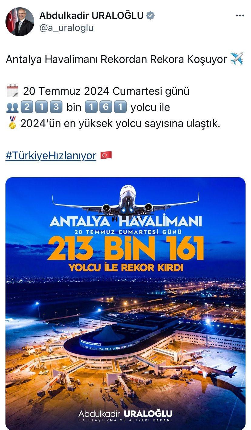 Bakan Uraloğlu Antalya Havalimanı'nın yeni rekorunu duyurdu